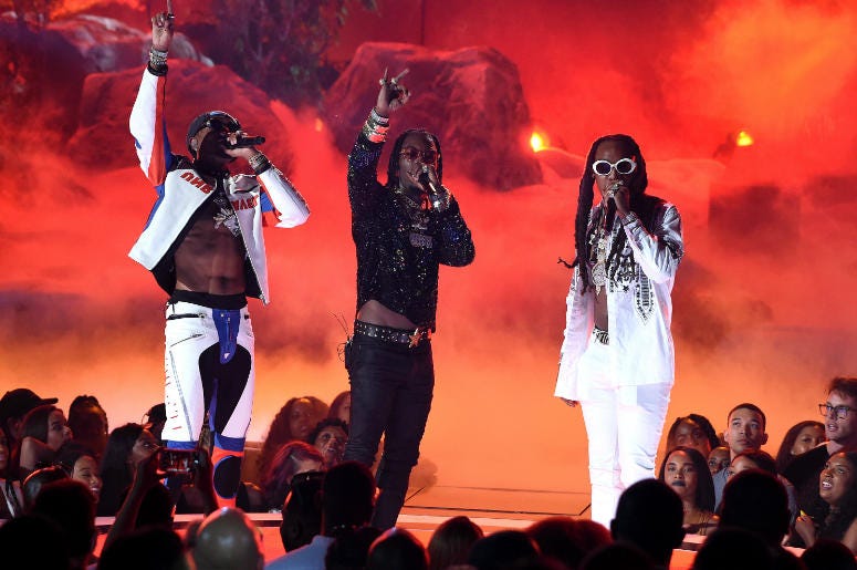 Quavo, Offset and Takeoff of Migos perform onstage at the 2017 BET Awards at the Microsoft Theater on June 25, 2017 in Los Angeles, California. Quavo, Offset and Takeoff of Migos perform onstage at the 2017 BET Awards at the Microsoft Theater on June 25, 2017 in Los Angeles, California.