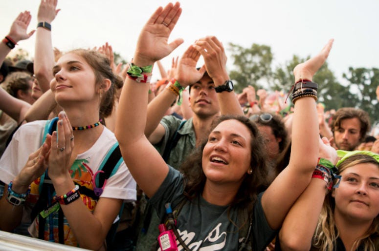 Music Festival Crowd The crowd cheers as Moon Taxi performs at the Bonnaroo Music and Arts Festival.