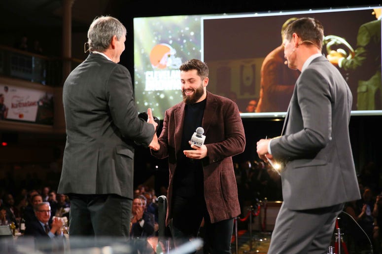 Cleveland Browns QBs Bernie Kosar, Baker Mayfield, and Paul McDonald Cleveland Browns QBs Bernie Kosar, Baker Mayfield, and Paul McDonald