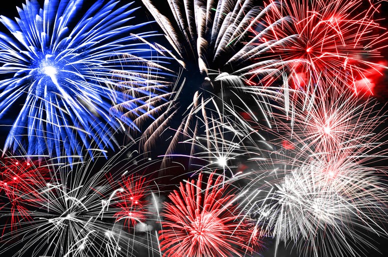 Blue white and red fireworks background