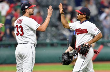 CLEVELAND, OHIO - JUNE 04: Closing pitcher Brad Hand #33 celebrates with Francisco Lindor #12 of the Cleveland Indians after the Indians defeated the Minnesota Twins at Progressive Field on June 04, 2019 in Cleveland, Ohio. The Indians defeated the Twins CLEVELAND, OHIO - JUNE 04: Closing pitcher Brad Hand #33 celebrates with Francisco Lindor #12 of the Cleveland Indians after the Indians defeated the Minnesota Twins at Progressive Field on June 04, 2019 in Cleveland, Ohio. The Indians defeated the Twins