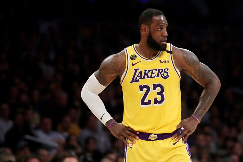 LOS ANGELES, CALIFORNIA - FEBRUARY 21: LeBron James #23 of the Los Angeles Lakers looks on during the fourth quarter in a game against the Memphis Grizzlies at Staples Center on February 21, 2020 in Los Angeles, California. The Lakers won 117-105. NOTE TO