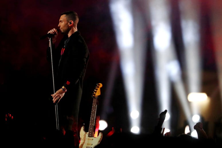 Feb 3, 2019; Atlanta, GA, USA; Maroon 5 lead singer Adam Levine performs during the half show in Super Bowl LIII between the New England Patriots and the Los Angeles Rams at Mercedes-Benz Stadium. Mandatory Credit: Matthew Emmons-USA TODAY Sports Feb 3, 2019; Atlanta, GA, USA; Maroon 5 lead singer Adam Levine performs during the half show in Super Bowl LIII between the New England Patriots and the Los Angeles Rams at Mercedes-Benz Stadium. Mandatory Credit: Matthew Emmons-USA TODAY Sports