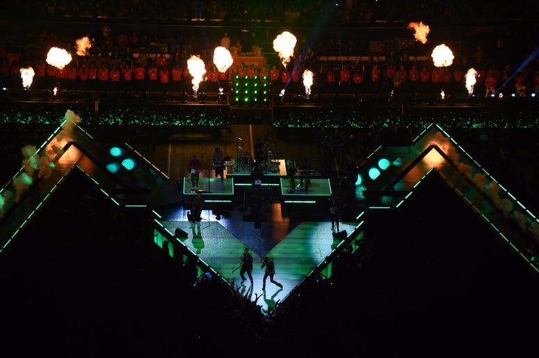 Feb 3, 2019; Atlanta, GA, USA; Maroon 5 lead singer Adam Levine and recording artist Travis Scott perform in Super Bowl LIII at Mercedes-Benz Stadium. Mandatory Credit: Richard Mackson-USA TODAY Sports Feb 3, 2019; Atlanta, GA, USA; Maroon 5 lead singer Adam Levine and recording artist Travis Scott perform in Super Bowl LIII at Mercedes-Benz Stadium. Mandatory Credit: Richard Mackson-USA TODAY Sports