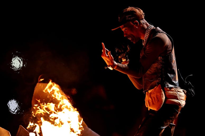 Feb 3, 2019; Atlanta, GA, USA; Recording artist Travis Scott preforms during the halftime show in Super Bowl LIII at Mercedes-Benz Stadium. Mandatory Credit: Matthew Emmons-USA TODAY Sports Feb 3, 2019; Atlanta, GA, USA; Recording artist Travis Scott preforms during the halftime show in Super Bowl LIII at Mercedes-Benz Stadium. Mandatory Credit: Matthew Emmons-USA TODAY Sports