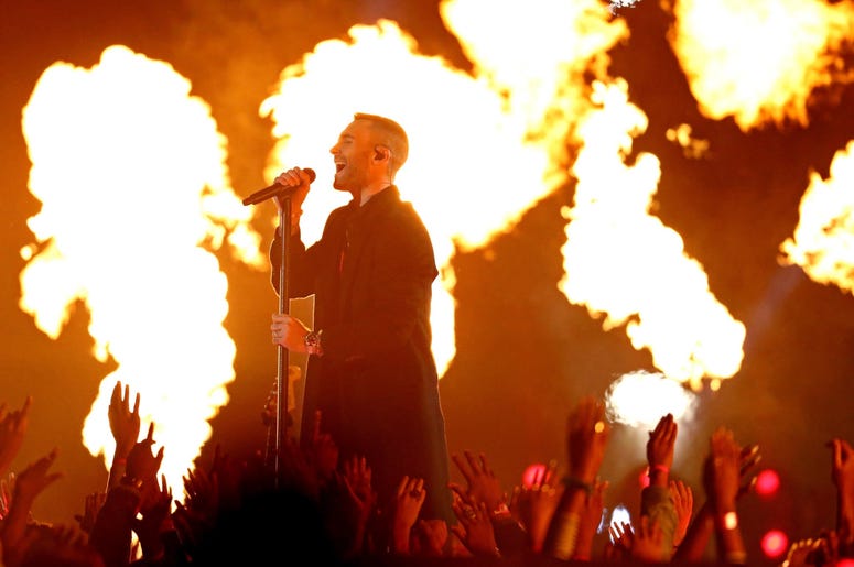 Feb 3, 2019; Atlanta, GA, USA; Maroon 5 lead singer Adam Levine performs during the halftime show in Super Bowl LIII at Mercedes-Benz Stadium. Mandatory Credit: Matthew Emmons-USA TODAY Sports Feb 3, 2019; Atlanta, GA, USA; Maroon 5 lead singer Adam Levine performs during the halftime show in Super Bowl LIII at Mercedes-Benz Stadium. Mandatory Credit: Matthew Emmons-USA TODAY Sports