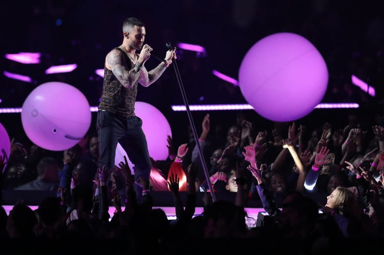 Feb 3, 2019; Atlanta, GA, USA; Maroon 5 lead singer Adam Levine performs during halftime of Super Bowl LIII between the New England Patriots and the Los Angeles Rams at Mercedes-Benz Stadium. Mandatory Credit: Jason Getz-USA TODAY Sports Feb 3, 2019; Atlanta, GA, USA; Maroon 5 lead singer Adam Levine performs during halftime of Super Bowl LIII between the New England Patriots and the Los Angeles Rams at Mercedes-Benz Stadium. Mandatory Credit: Jason Getz-USA TODAY Sports