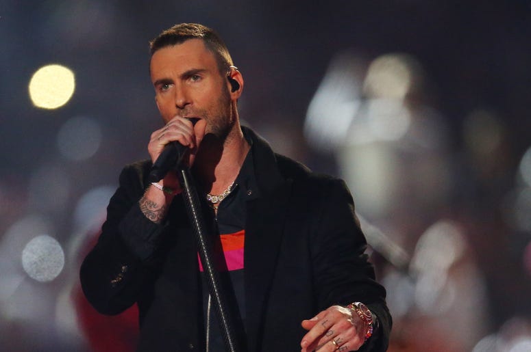 Feb 3, 2019; Atlanta, GA, USA; Recording artist Adam Levine performs at halftime in Super Bowl LIII between the New England Patriots and the Los Angeles Rams at Mercedes-Benz Stadium. Mandatory Credit: Mark J. Rebilas-USA TODAY Sports Feb 3, 2019; Atlanta, GA, USA; Recording artist Adam Levine performs at halftime in Super Bowl LIII between the New England Patriots and the Los Angeles Rams at Mercedes-Benz Stadium. Mandatory Credit: Mark J. Rebilas-USA TODAY Sports