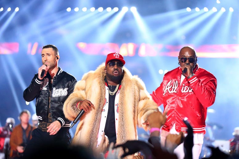Feb 3, 2019; Atlanta, GA, USA; Recording artist Adam Levine (left) and recording artist Big Boi (middle) perform at halftime in Super Bowl LIII between the New England Patriots and the Los Angeles Rams at Mercedes-Benz Stadium. Mandatory Credit: Mark J. R Feb 3, 2019; Atlanta, GA, USA; Recording artist Adam Levine (left) and recording artist Big Boi (middle) perform at halftime in Super Bowl LIII between the New England Patriots and the Los Angeles Rams at Mercedes-Benz Stadium. Mandatory Credit: Mark J. R