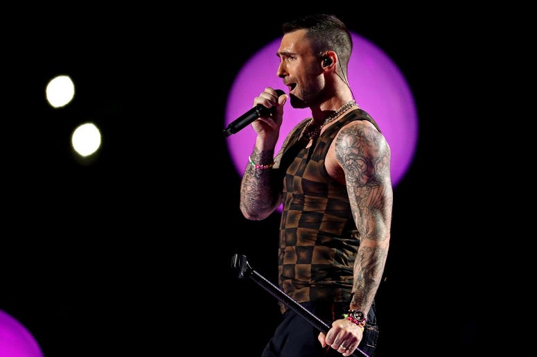 Feb 3, 2019; Atlanta, GA, USA; Maroon 5 lead singer Adam Levine performs during the halftime show in Super Bowl LIII between the New England Patriots and the Los Angeles Rams at Mercedes-Benz Stadium. Mandatory Credit: Matthew Emmons-USA TODAY Sports Feb 3, 2019; Atlanta, GA, USA; Maroon 5 lead singer Adam Levine performs during the halftime show in Super Bowl LIII between the New England Patriots and the Los Angeles Rams at Mercedes-Benz Stadium. Mandatory Credit: Matthew Emmons-USA TODAY Sports