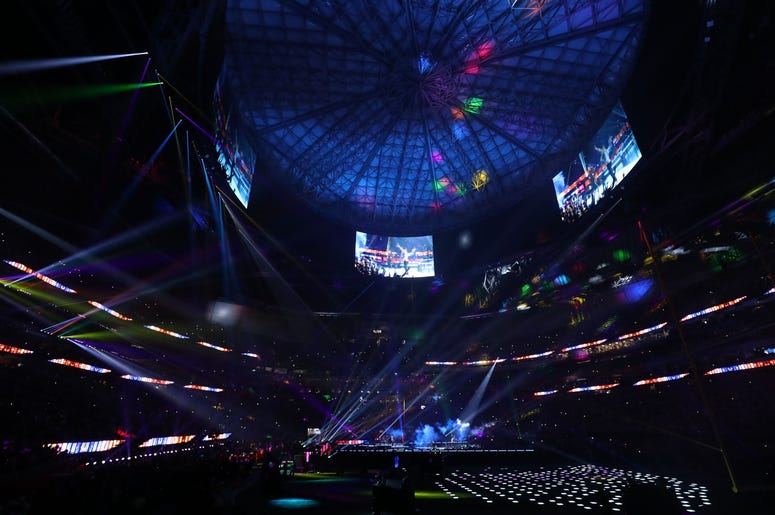 Feb 3, 2019; Atlanta, GA, USA; Maroon 5 performs during halftime of Super Bowl LIII between the New England Patriots and the Los Angeles Rams at Mercedes-Benz Stadium. Mandatory Credit: Jason Getz-USA TODAY Sports Feb 3, 2019; Atlanta, GA, USA; Maroon 5 performs during halftime of Super Bowl LIII between the New England Patriots and the Los Angeles Rams at Mercedes-Benz Stadium. Mandatory Credit: Jason Getz-USA TODAY Sports