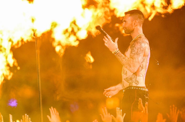 Feb 3, 2019; Atlanta, GA, USA; Maroon 5 lead singer Adam Levine performs during the halftime show in Super Bowl LIII at Mercedes-Benz Stadium. Mandatory Credit: Robert Deutsch-USA TODAY Sports Feb 3, 2019; Atlanta, GA, USA; Maroon 5 lead singer Adam Levine performs during the halftime show in Super Bowl LIII at Mercedes-Benz Stadium. Mandatory Credit: Robert Deutsch-USA TODAY Sports