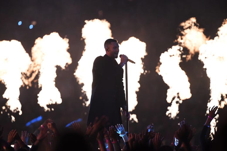 Feb 3, 2019; Atlanta, GA, USA; Maroon 5 lead singer Adam Levine performs during the halftime show in Super Bowl LIII at Mercedes-Benz Stadium. Mandatory Credit: Christopher Hanewinckel-USA TODAY Sports Feb 3, 2019; Atlanta, GA, USA; Maroon 5 lead singer Adam Levine performs during the halftime show in Super Bowl LIII at Mercedes-Benz Stadium. Mandatory Credit: Christopher Hanewinckel-USA TODAY Sports