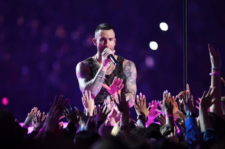 Feb 3, 2019; Atlanta, GA, USA; Maroon 5 lead singer Adam Levine performs during the halftime show in Super Bowl LIII at Mercedes-Benz Stadium. Mandatory Credit: Christopher Hanewinckel-USA TODAY Sports Feb 3, 2019; Atlanta, GA, USA; Maroon 5 lead singer Adam Levine performs during the halftime show in Super Bowl LIII at Mercedes-Benz Stadium. Mandatory Credit: Christopher Hanewinckel-USA TODAY Sports