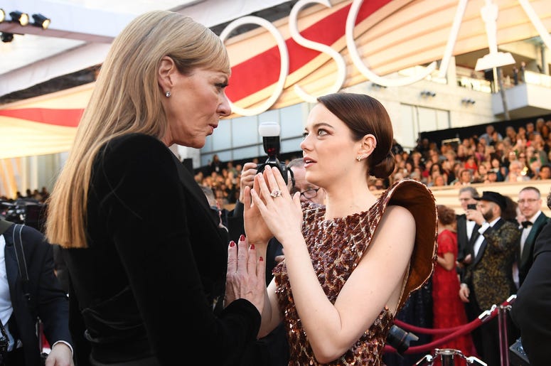 February 24, 2019; Los Angeles, CA, USA; Allison Janney (L) and Emma Stone arrive at the 91st Academy Awards at the Dolby Theatre. Mandatory Credit: Robert Hanashiro-USA TODAY NETWORK February 24, 2019; Los Angeles, CA, USA; Allison Janney (L) and Emma Stone arrive at the 91st Academy Awards at the Dolby Theatre. Mandatory Credit: Robert Hanashiro-USA TODAY NETWORK