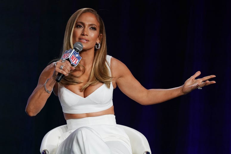 Jan 30, 2020; Miami, Florida, USA; Recording artist Jennifer Lopez during the Super Bowl LIV halftime talent show press conference at the Hilton Downtown Miami. Mandatory Credit: Steve Mitchell-USA TODAY Sports