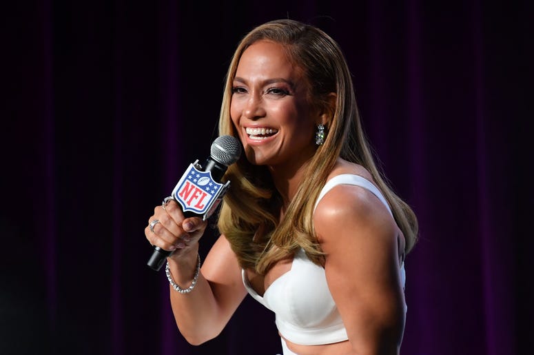 Jan 30, 2020; Miami, Florida, USA; Recording aritsts Shakira (left) and Jennifer Lopez (right) during the Super Bowl LIV halftime talent show press conference at the Hilton Downtown Miami. Mandatory Credit: Steve Mitchell-USA TODAY Sports