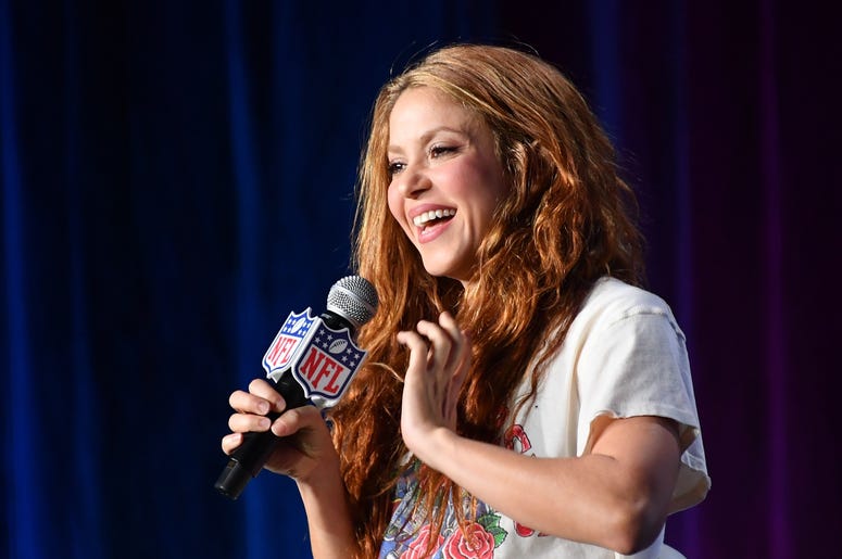Jan 30, 2020; Miami, Florida, USA; Recording aritsts Shakira (left) and Jennifer Lopez (right) during the Super Bowl LIV halftime talent show press conference at the Hilton Downtown Miami. Mandatory Credit: Steve Mitchell-USA TODAY Sports