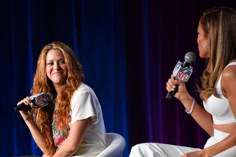 Jan 30, 2020; Miami, Florida, USA; Recording artists Shakira (left) and Jennifer Lopez (right) during the Super Bowl LIV halftime talent show press conference at Hilton Downtown. Mandatory Credit: Kirby Lee-USA TODAY Sports