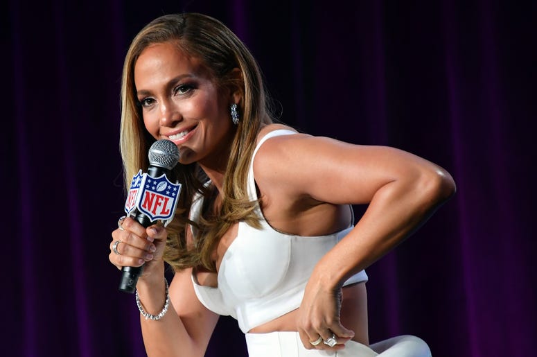 Jan 30, 2020; Miami, Florida, USA; Recording artists Shakira (left) and Jennifer Lopez (right) during the Super Bowl LIV halftime talent show press conference at Hilton Downtown. Mandatory Credit: Kirby Lee-USA TODAY Sports