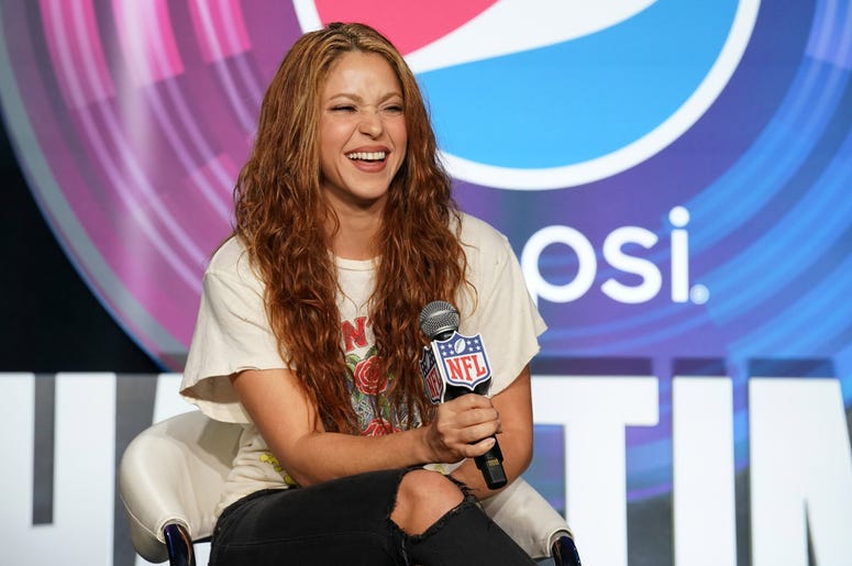 Jan 30, 2020; Miami, Florida, USA; Recording artists Shakira (left) and Jennifer Lopez (right) during the Super Bowl LIV halftime talent show press conference at Hilton Downtown. Mandatory Credit: Kirby Lee-USA TODAY Sports