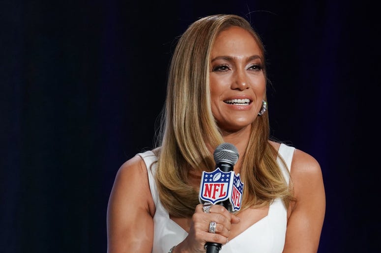 Jan 30, 2020; Miami, Florida, USA; Recording artist Jennifer Lopez during the Super Bowl LIV halftime talent show press conference at Hilton Downtown. Mandatory Credit: Kirby Lee-USA TODAY Sports