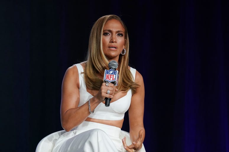 Jan 30, 2020; Miami, Florida, USA; Recording artist Jennifer Lopez during the Super Bowl LIV halftime talent show press conference at Hilton Downtown. Mandatory Credit: Kirby Lee-USA TODAY Sports