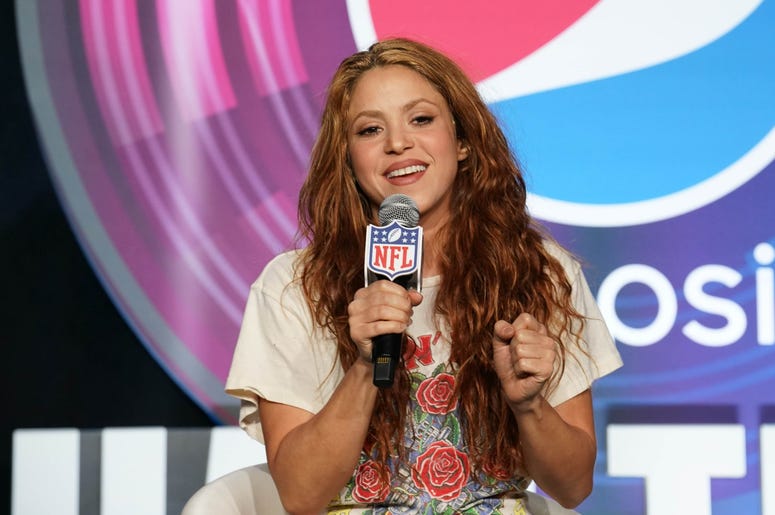 Jan 30, 2020; Miami, Florida, USA; Recording artist Shakira during the Super Bowl LIV halftime talent show press conference at Hilton Downtown. Mandatory Credit: Kirby Lee-USA TODAY Sports