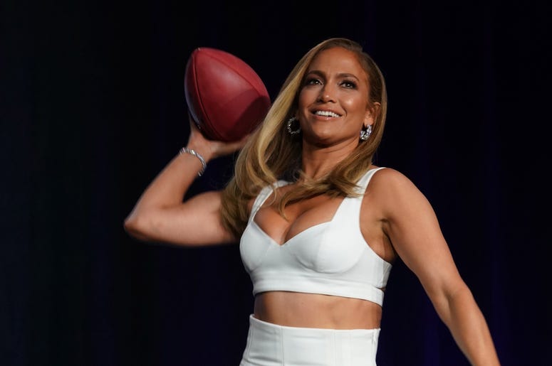 Jan 30, 2020; Miami, Florida, USA; Recording artist Jennifer Lopez during the Super Bowl LIV halftime talent show press conference at Hilton Downtown. Mandatory Credit: Kirby Lee-USA TODAY Sports