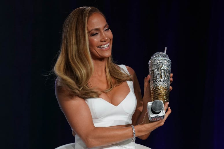 Jan 30, 2020; Miami, Florida, USA; Recording aritsts Shakira (left) and Jennifer Lopez (right) during the Super Bowl LIV halftime talent show press conference at the Hilton Downtown Miami. Mandatory Credit: Steve Mitchell-USA TODAY Sports