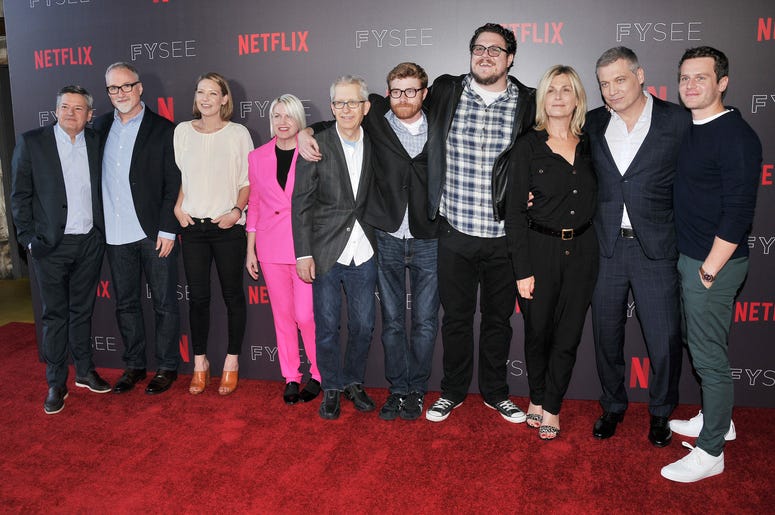 (L-R) "Mindhunter" Cast & Crew - Netflix's Ted Sarandos, Exec Producer/Director David Fincher, Anna Torv, Jennifer Starzyk, Steve Arnold, Erik Messerschmidt, Cameron Britton, Laray Mayfield, Holt McCallany and Jonathan Groff at Netflix's "Mindhunter" FYC (L-R) "Mindhunter" Cast & Crew - Netflix's Ted Sarandos, Exec Producer/Director David Fincher, Anna Torv, Jennifer Starzyk, Steve Arnold, Erik Messerschmidt, Cameron Britton, Laray Mayfield, Holt McCallany and Jonathan Groff at Netflix's "Mindhunter" FYC