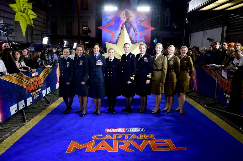 2/27/2019 - Members of the Royal Air Force attending the Captain Marvel European Premiere held at the Curzon Mayfair, London. Picture date: Wednesday February 27, 2019. Photo credit should read: Ian West/PA Wire (Photo by PA Images/Sipa USA) *** US Rights 2/27/2019 - Members of the Royal Air Force attending the Captain Marvel European Premiere held at the Curzon Mayfair, London. Picture date: Wednesday February 27, 2019. Photo credit should read: Ian West/PA Wire (Photo by PA Images/Sipa USA) *** US Rights