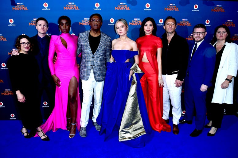 2/27/2019 - (left to right) Anna Boden, Ryan Fleck, Lashana Lynch, Samuel L. Jackson, Brie Larson, Gemma Chan, Jude Law, Jonathan Schwartz and Victoria Alonso attending the Captain Marvel European Premiere held at the Curzon Mayfair, London. Picture date: 2/27/2019 - (left to right) Anna Boden, Ryan Fleck, Lashana Lynch, Samuel L. Jackson, Brie Larson, Gemma Chan, Jude Law, Jonathan Schwartz and Victoria Alonso attending the Captain Marvel European Premiere held at the Curzon Mayfair, London. Picture date: