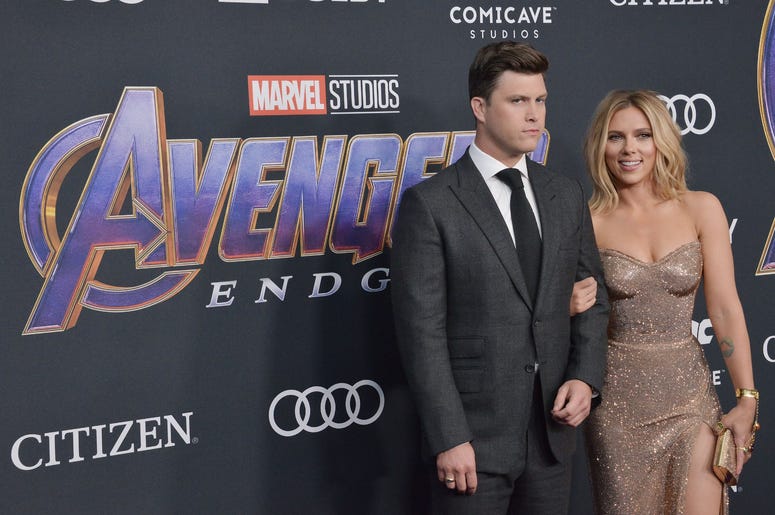 (L-R) Colin Jost and Scarlett Johansson at Marvel Studios' "Avengers: Endgame" World Premiere held at the Los Angeles Convention Center in Los Angeles, CA on Monday, April 22, 2019. (Photo By Sthanlee B. Mirador/Sipa USA) (L-R) Colin Jost and Scarlett Johansson at Marvel Studios' "Avengers: Endgame" World Premiere held at the Los Angeles Convention Center in Los Angeles, CA on Monday, April 22, 2019. (Photo By Sthanlee B. Mirador/Sipa USA)