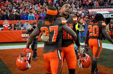 CLEVELAND, OH - NOVEMBER 10: Kareem Hunt #27 of the Cleveland Browns hugs Morgan Burnett #42 after the game against the Buffalo Bills at FirstEnergy Stadium on November 10, 2019 in Cleveland, Ohio. Cleveland defeated Buffalo 19-16. (Photo by Kirk Irwin/Ge CLEVELAND, OH - NOVEMBER 10: Kareem Hunt #27 of the Cleveland Browns hugs Morgan Burnett #42 after the game against the Buffalo Bills at FirstEnergy Stadium on November 10, 2019 in Cleveland, Ohio. Cleveland defeated Buffalo 19-16. (Photo by Kirk Irwin/Ge