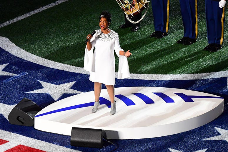 ATLANTA, GEORGIA - FEBRUARY 03: Gladys Knight performs the National Anthem prior to Super Bowl LIII between the New England Patriots and the Los Angeles Rams at Mercedes-Benz Stadium on February 03, 2019 in Atlanta, Georgia. (Photo by Scott Cunningham/Get