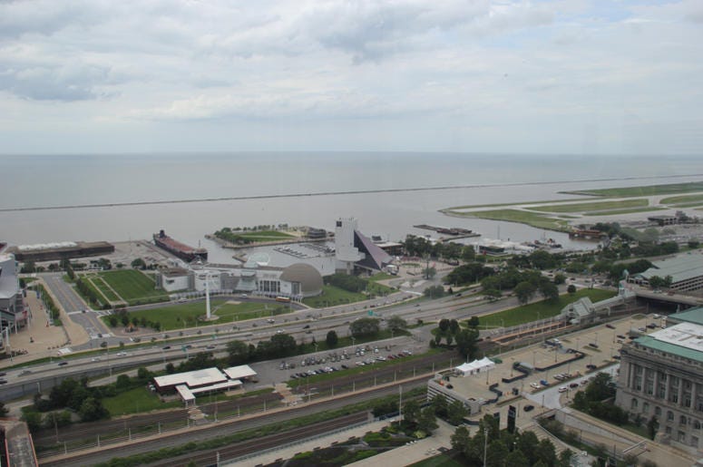 A view from the Rock & Roll hall of fame in Cleveland Ohio from the south, looking north over Lake Erie A view from the Rock & Roll hall of fame in Cleveland Ohio from the south, looking north over Lake Erie