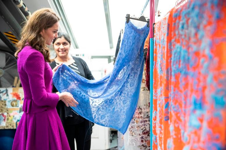 1/16/2019 - The Duchess of Cambridge in the Dye Department with Parveen Banga, Head of Dye Department. during her visit to the Royal Opera House in London. (Photo by PA Images/Sipa USA) *** US Rights Only *** 1/16/2019 - The Duchess of Cambridge in the Dye Department with Parveen Banga, Head of Dye Department. during her visit to the Royal Opera House in London. (Photo by PA Images/Sipa USA) *** US Rights Only ***