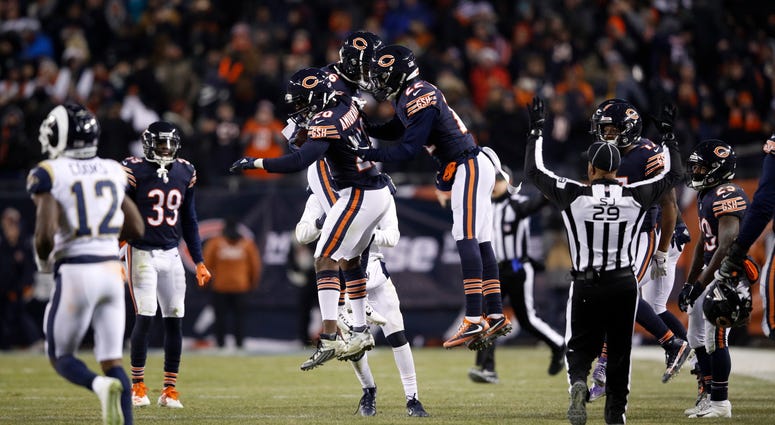 The Bears celebrate after cornerback Prince Amukamara (20) made an interception. The Bears celebrate after cornerback Prince Amukamara (20) made an interception.