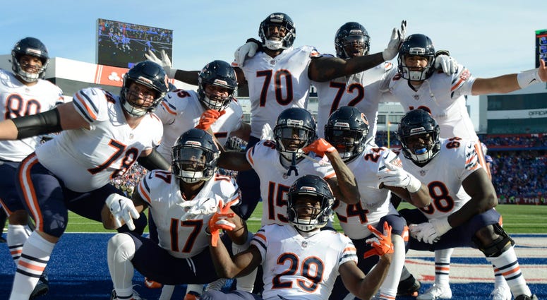 The Bears celebrate after scoring a touchdown. The Bears celebrate after scoring a touchdown.