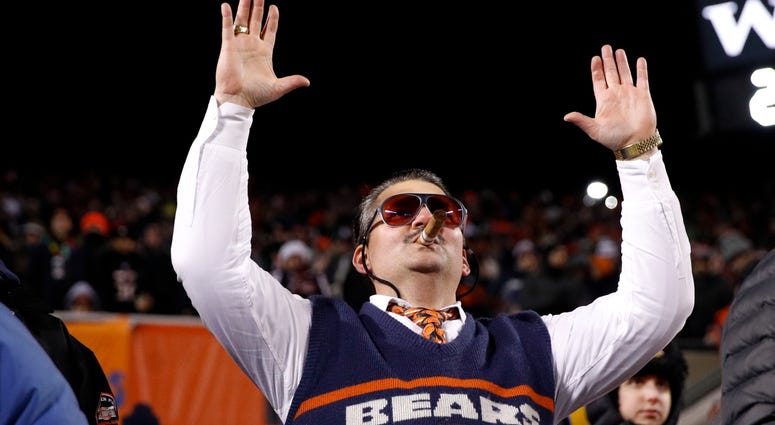 A Bears fan cheers celebrates during the team's game against the Rams. A Bears fan cheers celebrates during the team's game against the Rams.