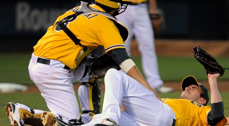 Then-Athletic pitcher Brandon McCarthy reacts after being hit by a line drive in 2011. Then-Athletic pitcher Brandon McCarthy reacts after being hit by a line drive in 2011.