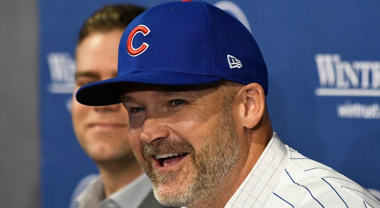 Cubs manager David Ross smiles at his introductory press conference. Cubs manager David Ross smiles at his introductory press conference.