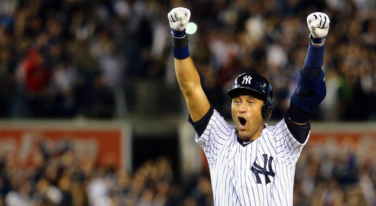 Derek Jeter reacts after hit a game-winning RBI single in his final MLB game. Derek Jeter reacts after hit a game-winning RBI single in his final MLB game.
