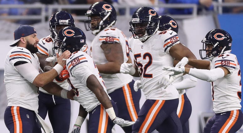 The Bears celebrate after safety Eddie Jackson (39) returned an interception for a touchdown. The Bears celebrate after safety Eddie Jackson (39) returned an interception for a touchdown.