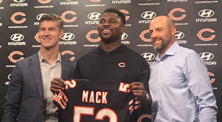 From left, Bears general manager Ryan Pace, pass rusher Khalil Mack and coach Matt Nagy From left, Bears general manager Ryan Pace, pass rusher Khalil Mack and coach Matt Nagy