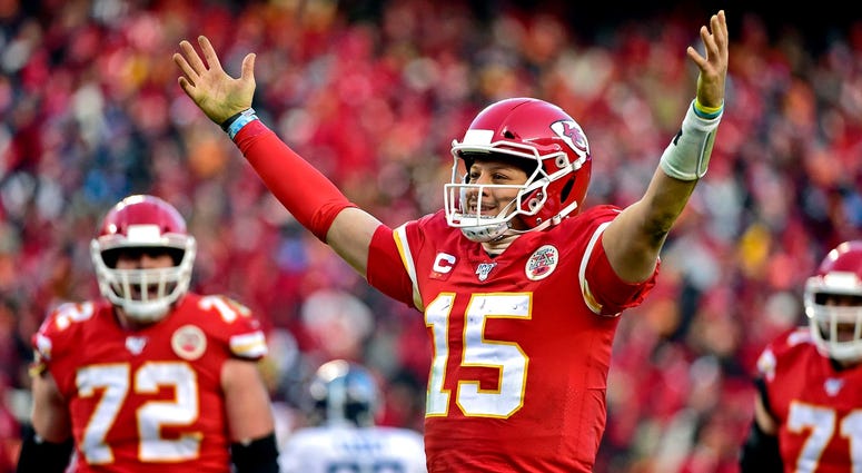 Chiefs quarterback Patrick Mahomes celebrates after throwing a touchdown against the Titans in the AFC Championship Game. Chiefs quarterback Patrick Mahomes celebrates after throwing a touchdown against the Titans in the AFC Championship Game.