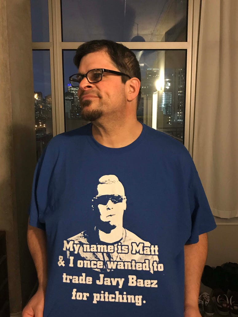 Matt Spiegel in his custom-made Javy Baez T-shirt Matt Spiegel in his custom-made Javy Baez T-shirt