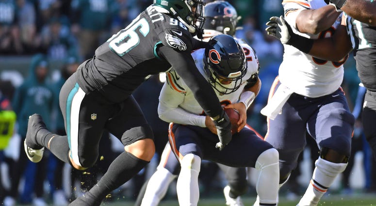 Bears quarterback Mitchell Trubisky (10) is tackled by the Eagles. Bears quarterback Mitchell Trubisky (10) is tackled by the Eagles.