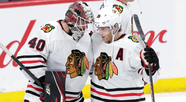 Blackhawks goalie Robin Lehner, left, and winger Patrick Kane celebrate. Blackhawks goalie Robin Lehner, left, and winger Patrick Kane celebrate.